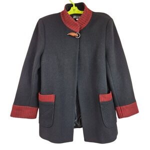 Bojim VINTAGE 1960's Mod Style Black Red Longline Collarless Coat Cape Wool Silk